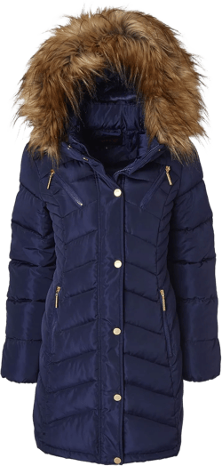 Sportoli Women Long Quilted Down Alternative Plush Lined Puffer Jacket Coat Fur Trim Hood 3X Navy