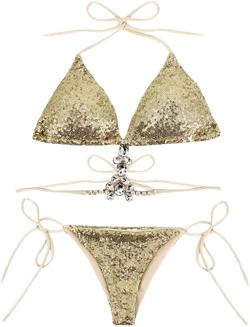 Goclothod Women Triangle Bikini Set 2 Pieces Shiny Sequin Sexy String Beachwear Cross High Neck Halter Swimsuit Large Yellow