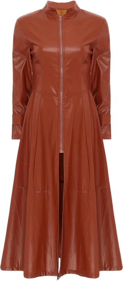 Hularka Women's PU Leather Stand Collar Zipper Full Length Jacket Slim Waist Trench Coat Overcoat Small Brown