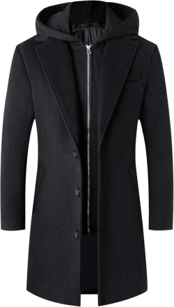 Lisskolo Men's Wool Blend Overcoat with Detachable Hooded Trench Coat Hip Length Large Black