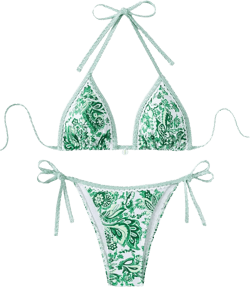 SHENHE Women's 2 Piece Halter Swimsuit Textured Tie Side Triangle Bikini Bathing Suit Floral White Green Small