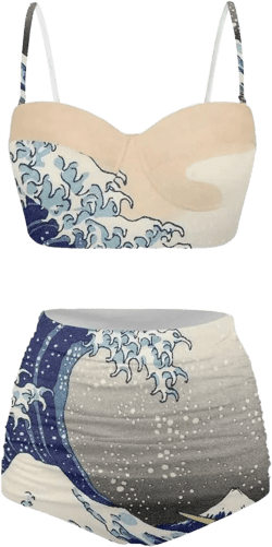 GLUDEAR Women Paint Floral Printed Retro High Waisted Push Up Bikini Set Two Piece Swimsuits XX-Large The Great Wave of Kanagawa