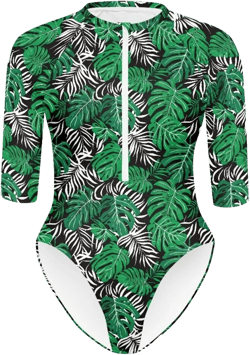 Women's One Piece Swimsuits Zipper Front Tummy Control Printed Bathing Suit Surfing Athletic High Cut Swimwear X-Small Tropical Leaves