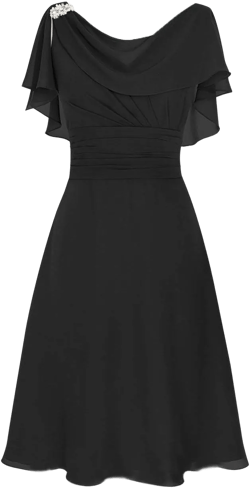 Women's Chiffon Cowl Neck Mother Bridesmaid Dresses Backless Knee Length Wedding Evening Party Dress with Ruffles 12 Black