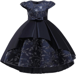 Flower Girls Satin Embroidery Elegant Opening Ceremony Bowknot Princess Birthday Party Dress 6 Navy Blue