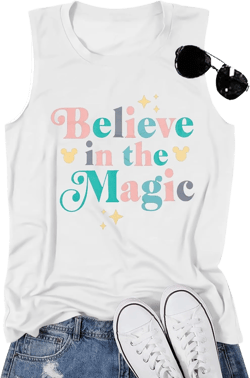 FRYAID Magic Tank Tops Magical Castle Shirt Women Believe in Magic Graphic Tanks Vest Summer Sleeveless Family Vacation Tops Medium White