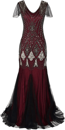 Women’s 1920s Vintage Flapper Fringe Gatsby Party Dress Sequin Maxi Evening Cocktail Dresses Ladies V-Neck Floor Length Long Prom Mermaid Formal Gown Wedding Bridesmaid Dance Dress Wine red + Gold XL