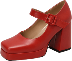 Chunky High Heel Platform Mary Jane Pumps for Women Ankle Strap Square Closed Toe Dress Shoes Office Lady Party Events 10.5 Matte Leather - Red