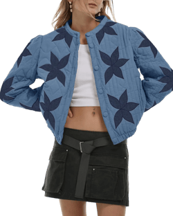 Gacaky Women's Lightweight Floral Embroidered Cropped Quilted Jacket Winter Warm Button Down Puffer Jacket Coat with Pockets Medium Blue