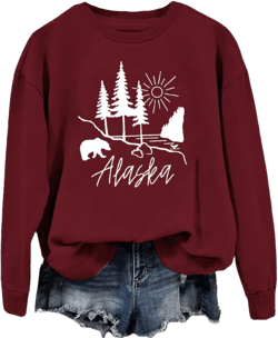 Alaska Sweatshirt Bear Lake Mountains Graphic Shirts Camping Hiking Sweater Women Casual Nature Lover Pullover Tops Wine Red Large