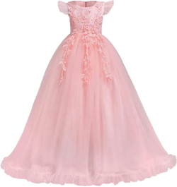 Flower Girls Lace Long Dress Bridesmaid Wedding Pageant Party Maxi Dresses Kids Prom Communion Puffy Tulle Ball Gowns 7-8 Years Pink