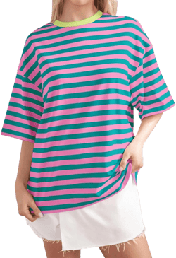 FUPHINE Womens T Shirts Loose Fit Casual Soft Cotton Crewneck Tops Short Sleeve Basic Tee Shirt Large Stripe Pink Green