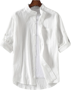 Men's Linen Button Down Dress Shirts Casual Hippie Cotton Beach T Shirts Solid Color Summer Yoga Tops with Pocket Large White