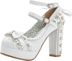 Bow Lace Princess Lolita Shoes Womens Chunky High Heels Ankle Strap Pumps Platform Dress Shoes (Color : White, Size : 3 US)