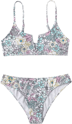 SOLY HUX Women's Floral Print Spaghetti Strap Bikini Sets Ribbed V Bathing Suit 2 Piece Swimsuit Disty Floral M