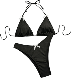 Women's 2 Piece Bikini Set Swimsuit Bow Front Bikini Halter Triangle High Cut Bathing Suit Beachwear Black Large