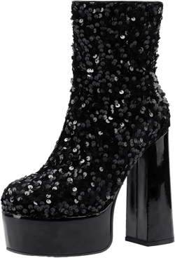 Cozivwaiy Sequins Sparkle Platform Booties for Women Sparkly Block High Heels Ankle Boots Metallic Color Disco Dance Shoes Ankle High 10 Black