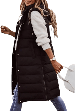 Ytfsrukp Oversized Long Down Vest for Women Outdoor Coats with Hood Long Puffer Vest Winter Coats Sleeveless Warm Jacket Small Black