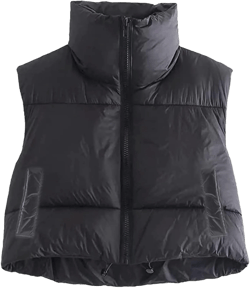 Aopwsrlyi Women's Fall Winter Crop Vest Stand Collar Lightweight Sleeveless Warm Padded Gilet Zip Up Vest With Pockets Black Small