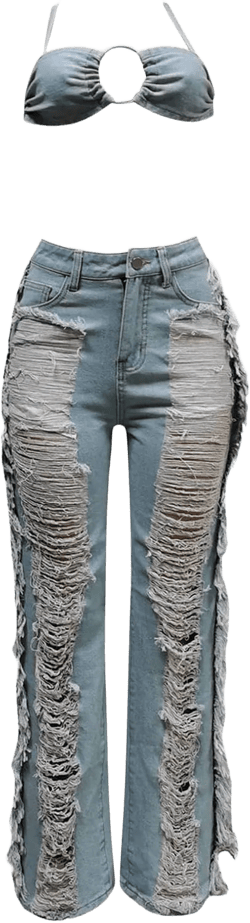 Women's Jeans Sets Halter Crop Top Ripped Denim Pants Sets 2023 Summer Trendy Streetwear Two Piece Outfit