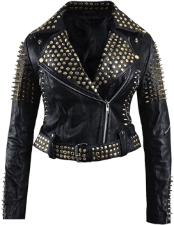 Womens Spikes Brando Biker Vintage Motorcycle Studded Black Leather Jacket XXXL (US-24) Black Golden Spikes