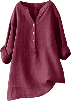 Casual Linen Blouses for Women Long Sleeve V Neck Button Up Shirts Comfy Loose Tunics Blouses Ladies Linen Blouse Top X-Large Wine Red