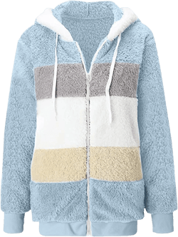 Fleece Jacket Women Full Zip with Hood Fall Winter Long Sleeve Color Block Drawstring Lightweight Plush Coats Pockets XX-Large Blue