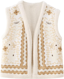 Seyumixi Women Vintage Embroidered Floral Vest Y2k Sleeveless Open Front Floral Cardigan Vests Gilet Linen Streetwear Small F2-printed-fleece-khaki