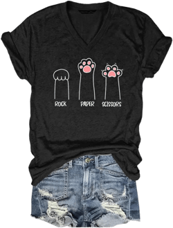 Rock Paper Scissors Cat Paw Print Funny Cat Shirts for Women Graphic Tees Large Black
