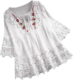 Women Lace Crochet Cotton Linen Tunic Shirt 3/4 Sleeve Plus Size Tops Lace-Up V Neck Vintage Floral Embroidery Tops White Medium