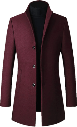 Ymosrh Motorcycle Jacket Men Mid-Length Slim-Fit Woolen Coat with Stand-Collar Solid Color Coat Winter Jackets X-Large Wine