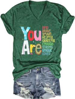 Teacher Shirts Women You are Kind Brave Smart V Neck Graphic Tees First Day Back to School Motivation Teacher T-Shirt Vintage Green Large