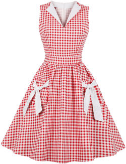 Women's Vintage Plaid Dress Medieval Sleeveless V-Neck Lapel Collar Elegant Loose Swing Casual Mini A-Line Dress Red Medium