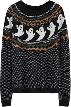 CHICWISH Women's Black/Army Green/Orange Cute Ghost Long Sleeves Halloween Knit Sweater Pullover X-Small-Small Black