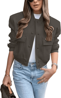 Lumister Women's Fashion Cropped Button Down Lightweight Cropped Bomber Jacket Varsity Shacket with Side Pockets Large Dark Grey
