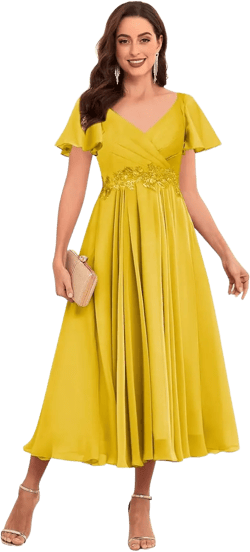 Mustard Yellow Mother of The Bride Dresses for Wedding Petite A-Line Lace Wedding Guest Dresses for Women Formal with Sleeves Size 2