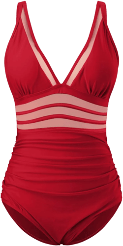 Womens One Piece Swimsuits Sexy Mesh Tummy Control Cutout Monokini High Waisted Bathing Suit Vintage Push Up Swimwear X-Large Red