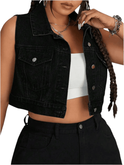 MakeMeChic Women's Plus Size Denim Vest Button Down Collared Pocket Sleeveless Crop Jean Vest 3X-Large Plus Black
