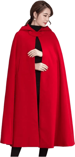 Winter Cape for Women Warm Red Cloak with Hood Wool Blend Poncho Cape Jacket One Size Red