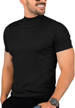 Mens Casual Slim Fit Basic Tops Short Sleeve Shirt Turtleneck T Shirts Rib Knitted Stretch Pullover Sweater X-Large 01 Black