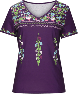 Women's Vintage Mexican Embroidered Shirts Boho Ethnic Style Print Tops Blouses Short Sleeve Summer Tees Tunic Top XX-Large 🔥hot Sale🔥-purple