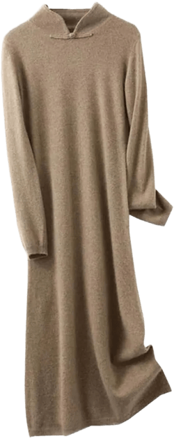 Women's Knitted Sweater Dress 100% Merino Wool Stand-Up Collar Long Jumper Dresses for Autumn Winter Small Milk Khaki9
