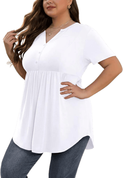 SHIJIALI Women's Plus Size Henley Shirts V Neck Button Tunic Tops Casual Short Sleeve Swing Flowy Tunic 3X-Large Plus C01 Short Sleeve Pure White