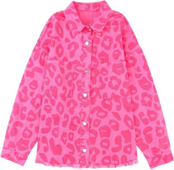 Irsutey Women's Leopard Print Denim Jacket Long Sleeved Front Button Up Long-Sleeved Jacket With Pockets Medium Pink