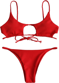 ZAFUL Women's Ribbed Cut Out Bikini Set String Swimwear Sexy Brazilian Thong Bikini Two Piece Swimsuits Medium Red