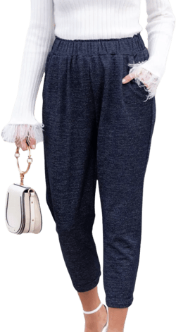 Amaryllis Women's High-Waisted Jogger Pants Elastic Waist Relaxed Fit Casual Chic-Small, Navy