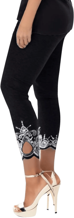 Lace Leggings for Women Elegant High Waisted Capri Cropped Leggings Stretch Lace Trim Soft Tights Yoga Pants Plus Size Small A- Black