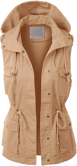 PacificPlex Womens Sleeveless Hooded Anorak Cotton Cargo Utility Safari Military Snap Fashion Vest w/Pockets Medium Taupe