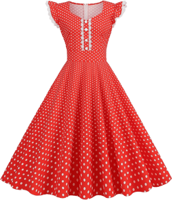 Women's Audrey Dresses, Ruffle Cap Sleeve Polka Dot Print Rockabilly Dress Button Down Lace 1950s Dresses Swing Dress