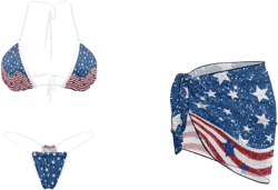Women's Sexy Thong Bikini Set with Sarong Wraps 3 Pcs Brazilian Halter Swimsuit Quick Dry Beach Bathing Suit M-2XL X-Large Usa Flag Print